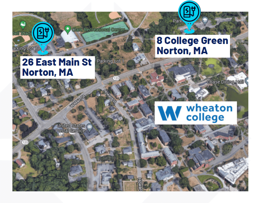 EV Charging locations at Wheaton College, Norton, MA. 26 East Main Street and 8 College Green