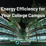 Two college campus building lit up with energy efficiency lighting, text reading Energy Efficiency for Your College Campus