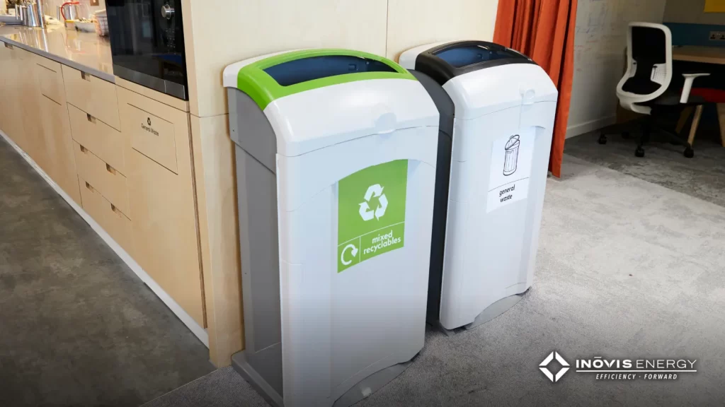 recycling and trash bin side by side in an office environment